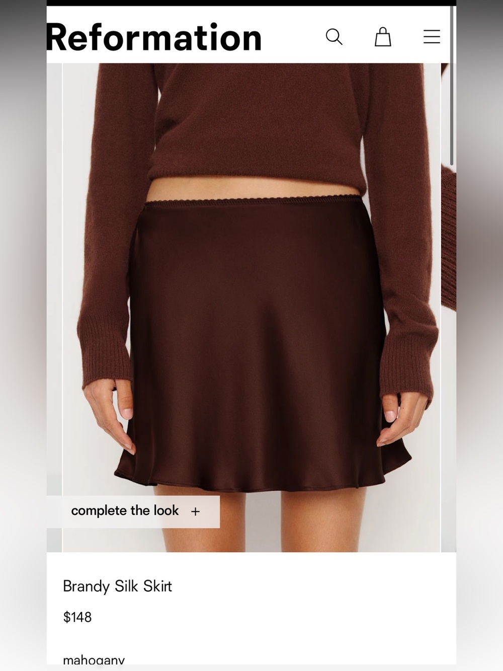 Reformation Brandy Silk Skirt — Mahogany